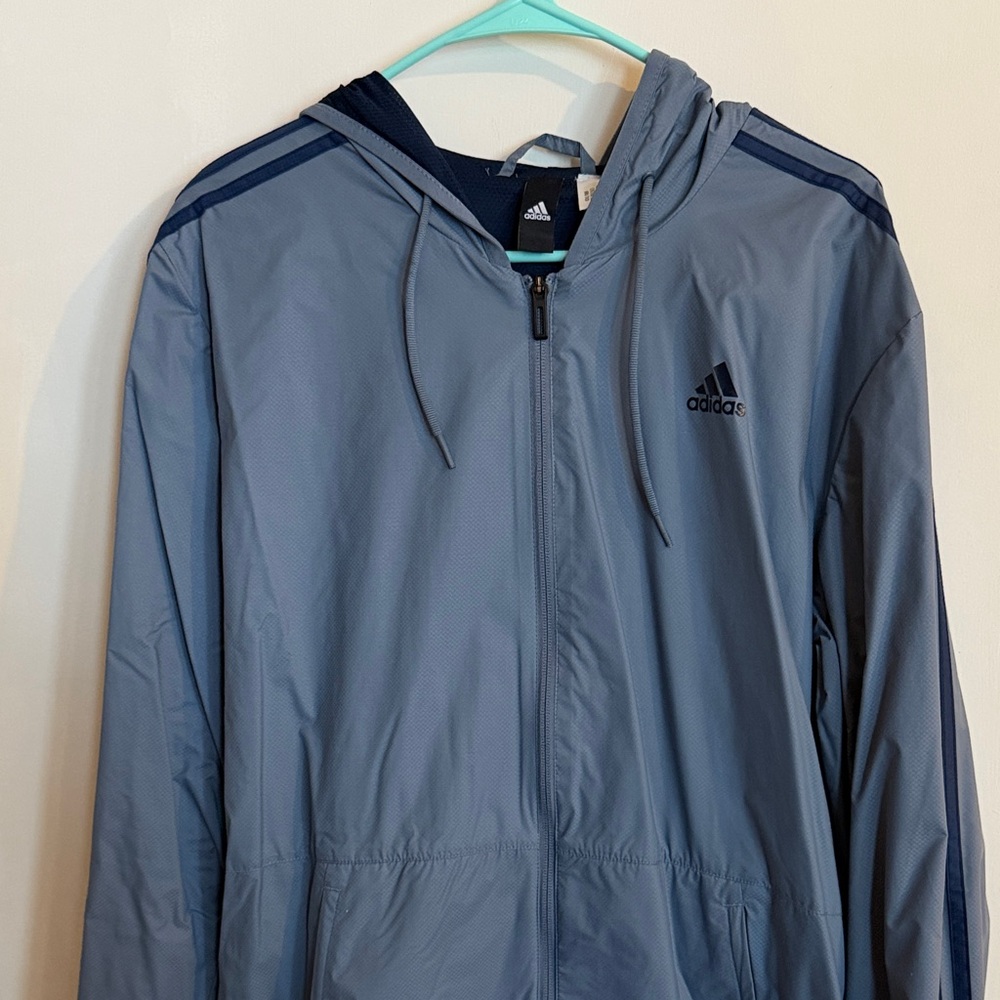 adidas Men's Hooded Windbreaker Jacket - Slate Blue with Navy Accents